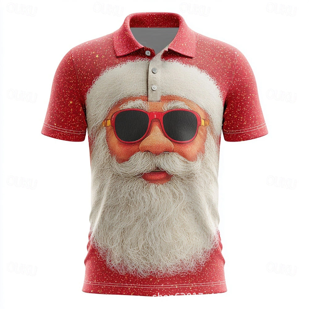 Men's 3D Digital Printing Christmas Santa Reindeer Polo Collar Short Sleeve