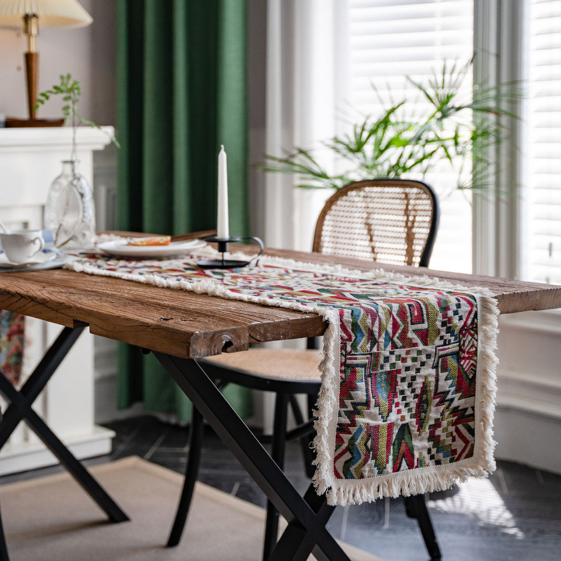 Jacquard Geometric Holiday Red Tassels Party Decorative Table Runner