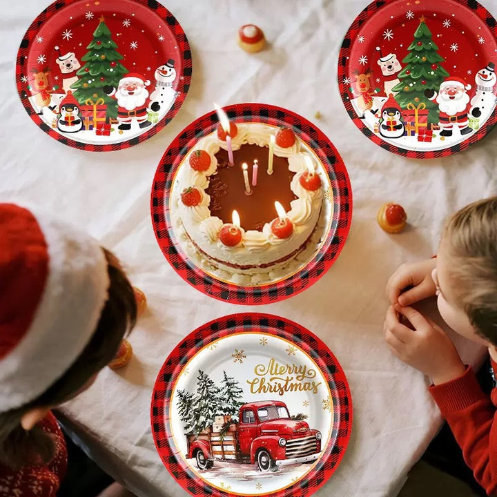 Christmas Party Birthday Supplies Disposable Paper Cups Napkins Plates Tablecloth Set