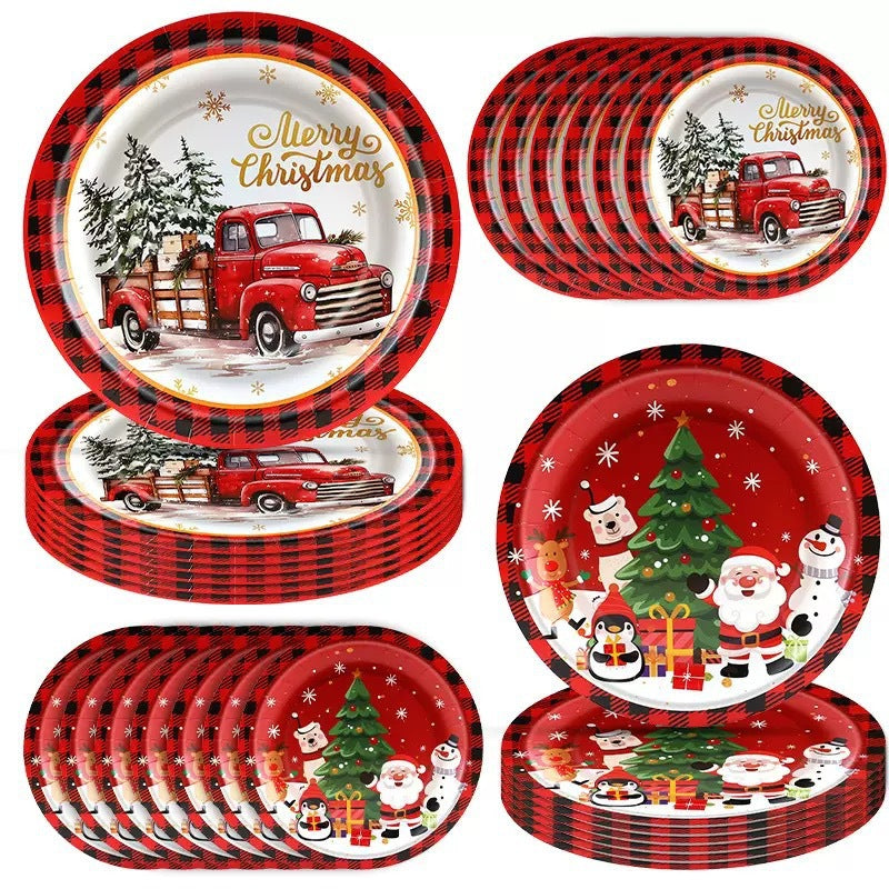 Christmas Party Birthday Supplies Disposable Paper Cups Napkins Plates Tablecloth Set