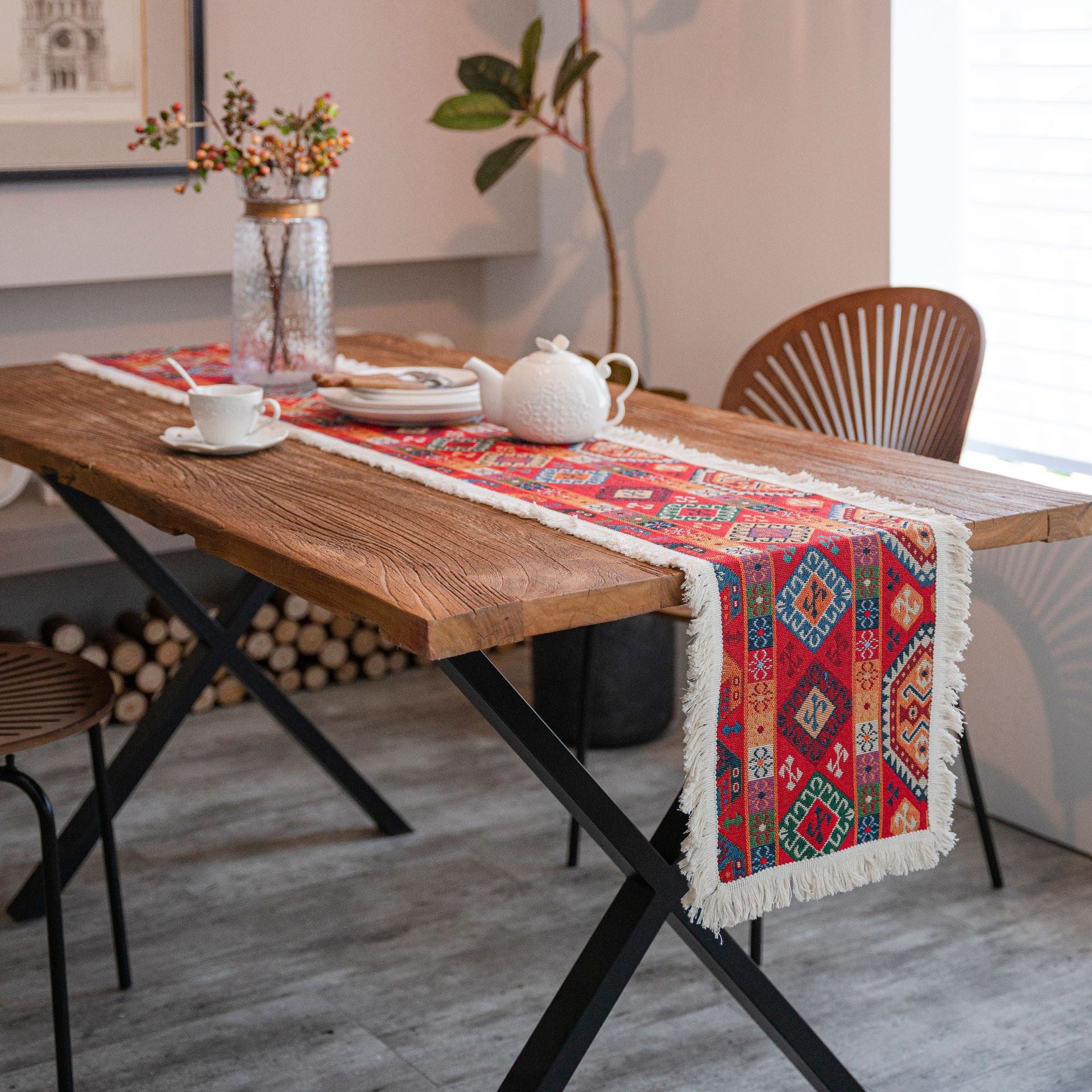 Jacquard Geometric Holiday Red Tassels Party Decorative Table Runner