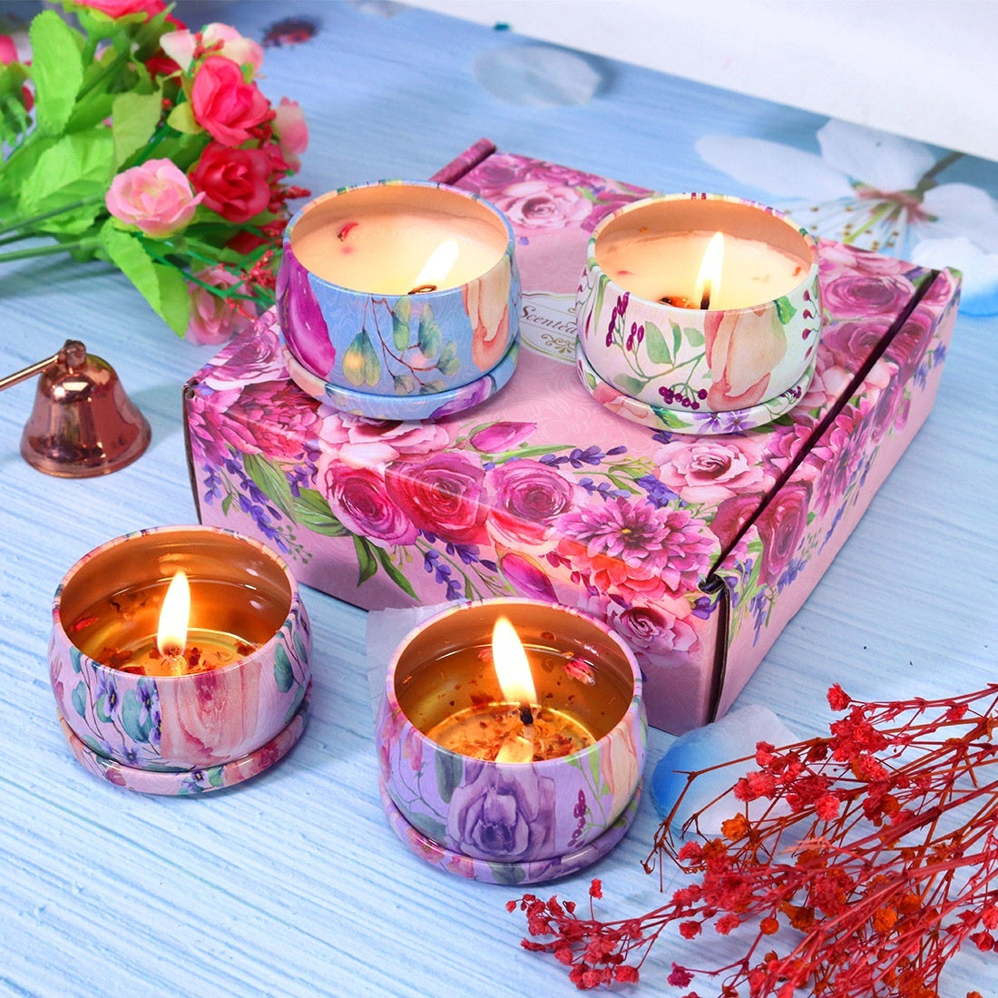 Christmas Scented Candle Gift Set With Dried Flowers, 8-piece Set